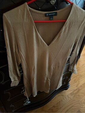 INC International Concepts Ribbed V-Neck Long Sleeve Top - Tan size large